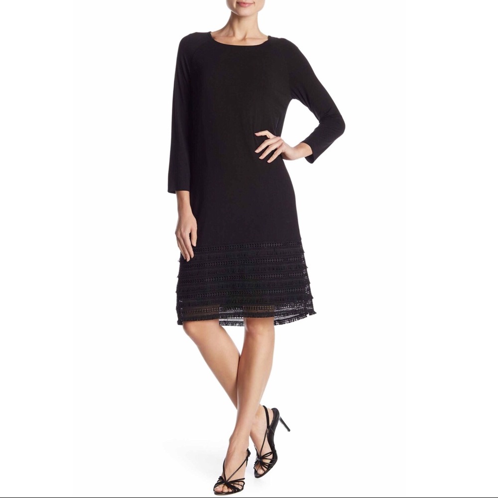 Black Dress Embroidered Hem with 3/4 Sleeve, Sz M